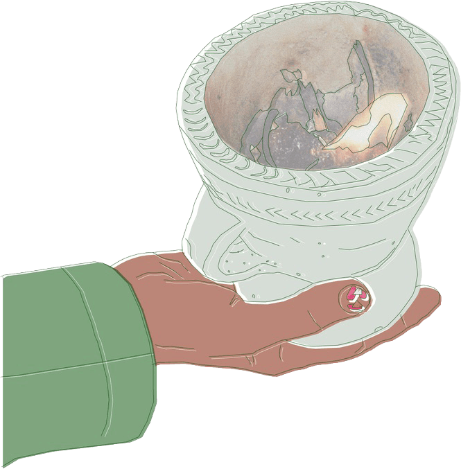 Illustration of a hand holding a vessel containing Somali nomadic figures